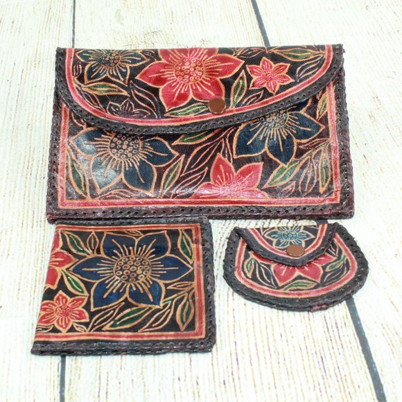 Lot of 3 Vintage Floral Print Handcrafted Sheepskin Leather Wallet Change Purse - Picture 2 of 15